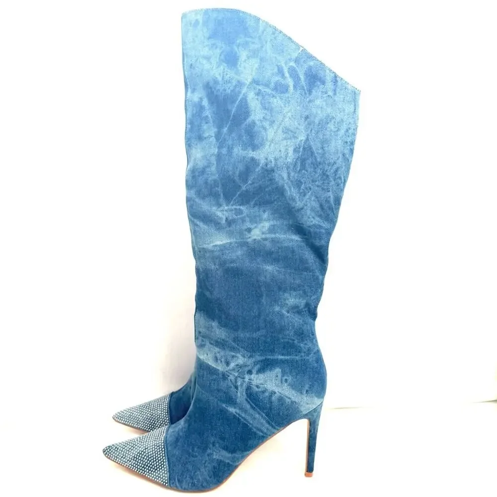 Fashion Nova Rhinestone Denim Knee High Boots Size 10 - Picture 5 of 9